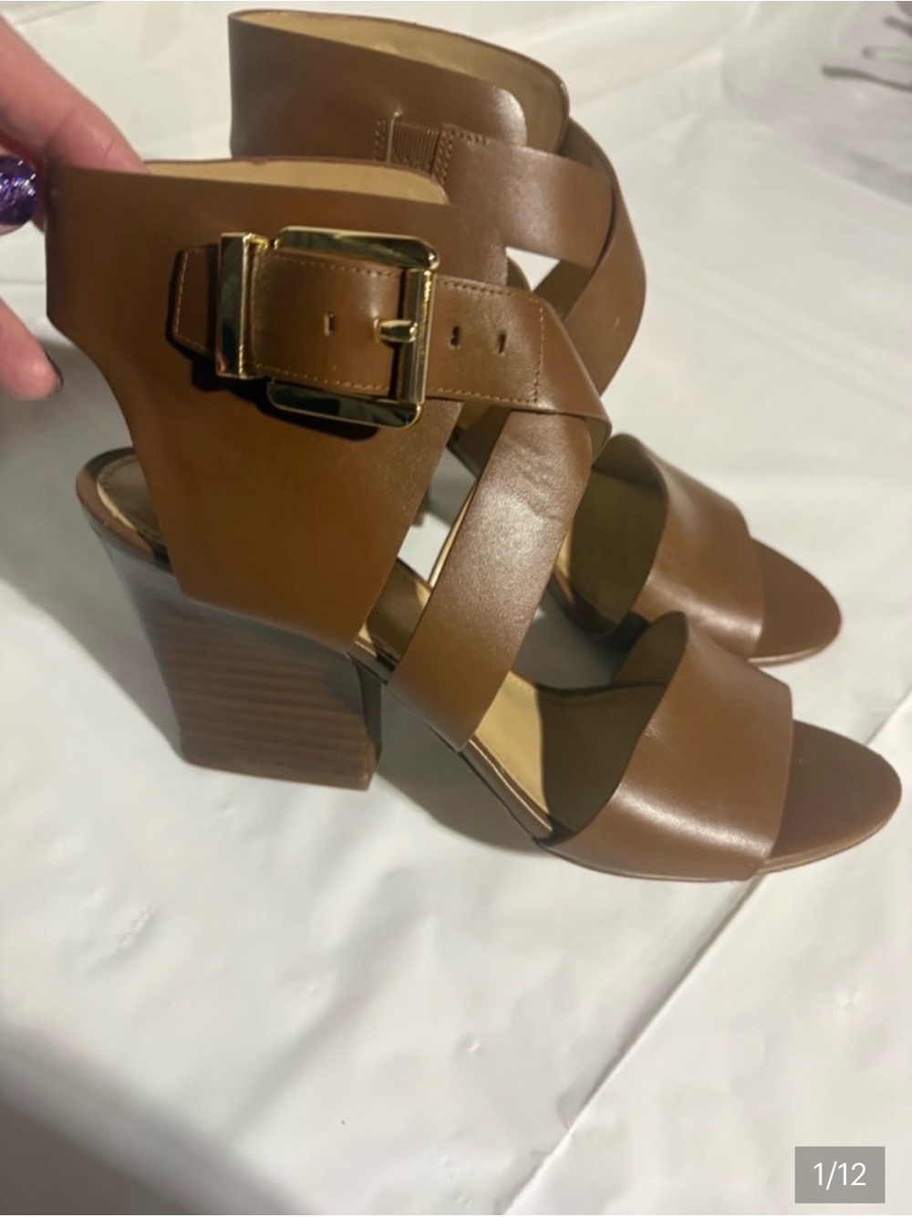 IMichael Kors Cognac Brown Strappy Block Heel Sandals with Gold Buckle Sz 8